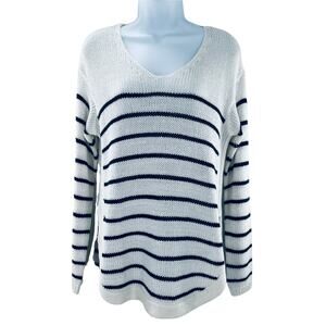 QUINN White Black Striped V-neck Long Sleeve Side Slits Pullover Sweater Top S